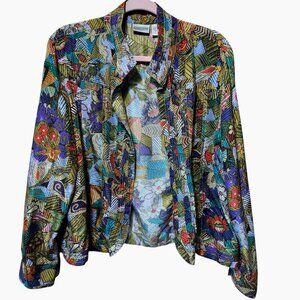 Chico’s 100% Silk Open Front Jacket Size 3 – Boho Artsy Multicolor Lightweight